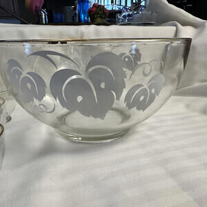 Vintage Anchor Hocking Glass Punch Bowl Set with Gold Rim & Grape Leaf Design